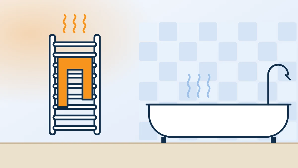 Illustration : sèche-serviettes et baignoire dans une salle de bains chauffée