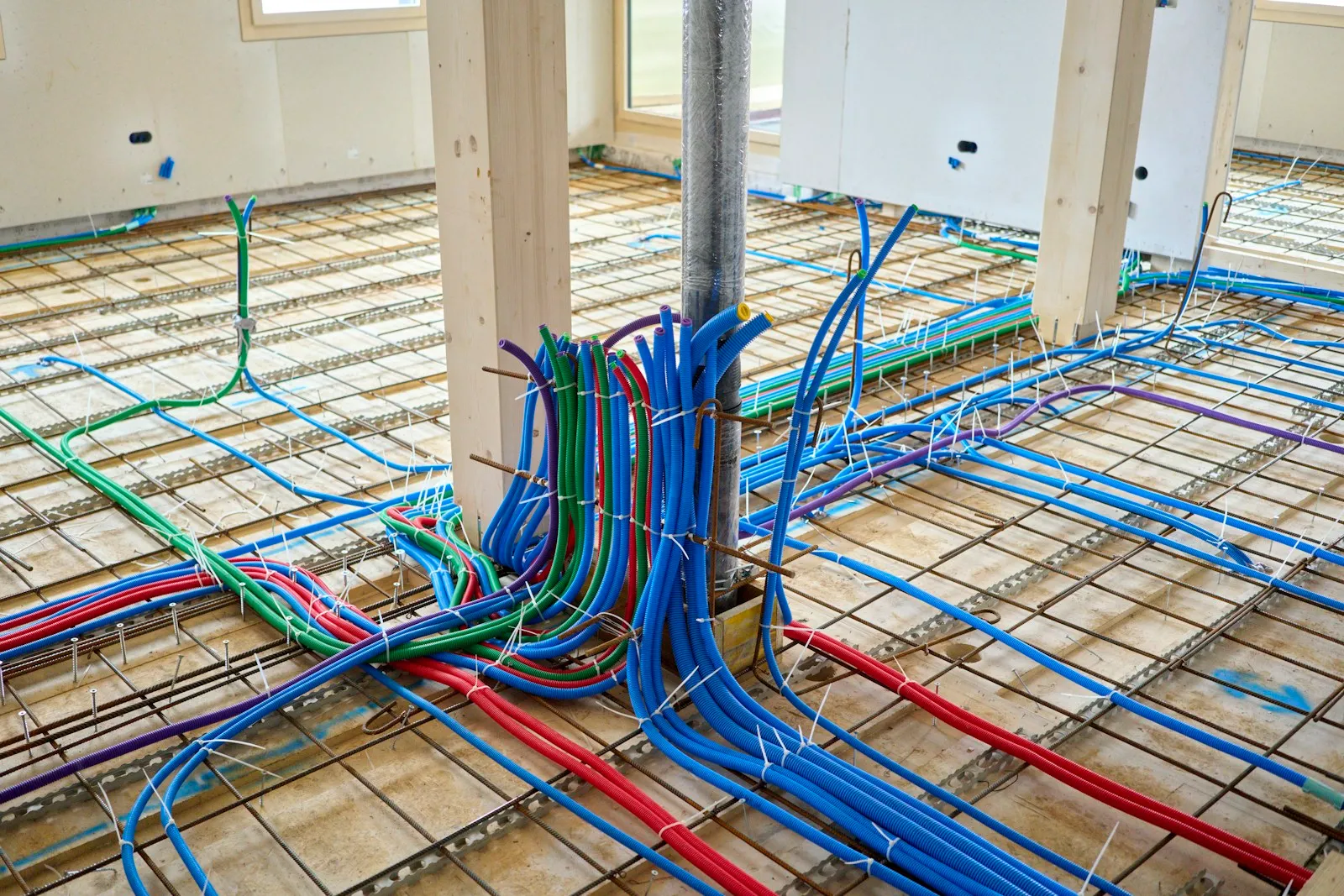 Tubes de plancher chauffant avant coulage de la chape